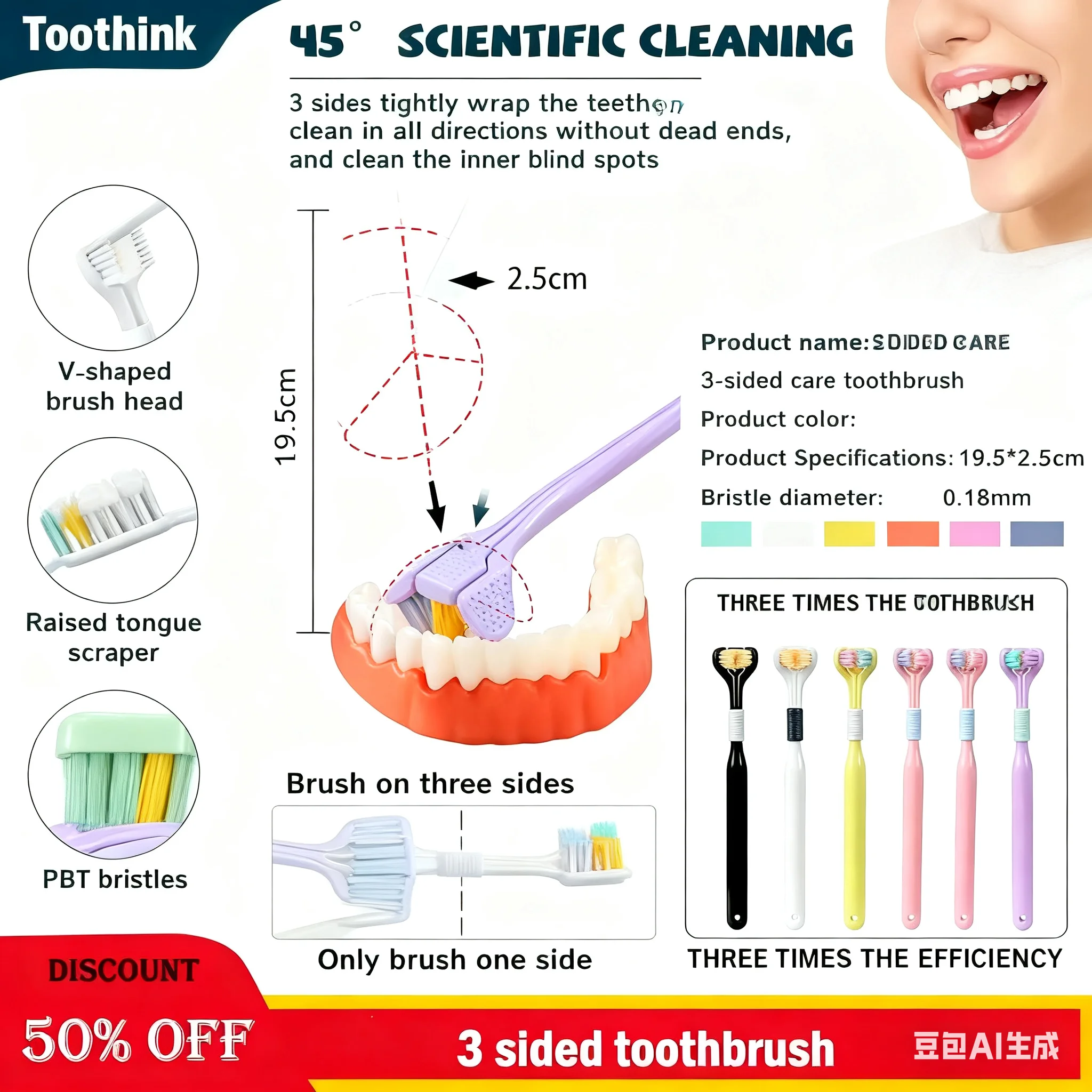 

TooThink-3-сторонняя зубная щетка для взрослых с ультратонкой мягкой щетиной, глубокая чистка, 3D стерео уход за полостью рта со скребком для языка, зубная щетка