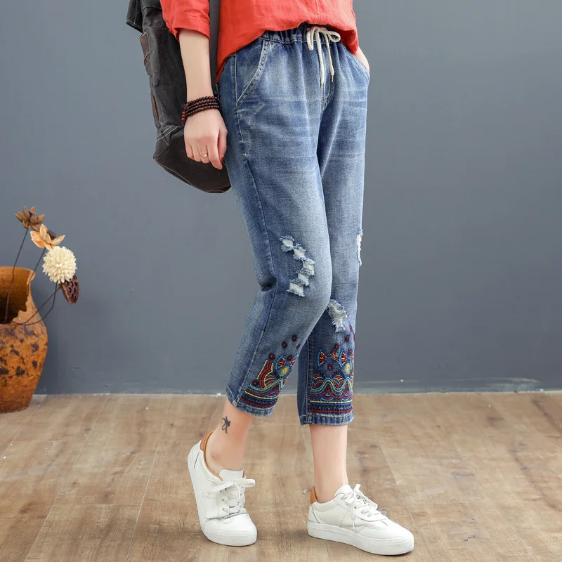 Women's Jeans High Waist Harem Denim Capris Pant Calf-Length Trousers Summner Autumn 2022 Vintage Embroidered Baggy Jeans Femme