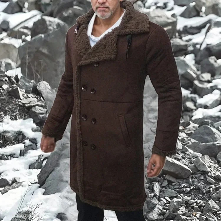 European and American Men's New Fur-in-one Warm Lamb Wool Lapel Single-breasted Mid-length Overcoat for Severe Winter.