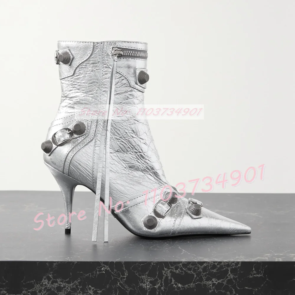 Silver Rivets Zipper Ankle Boots Ladies Pointed Belt Buckle Thin High Heel Shoes Women Trendy Sexy Slim Chic Shiny Leather Boots