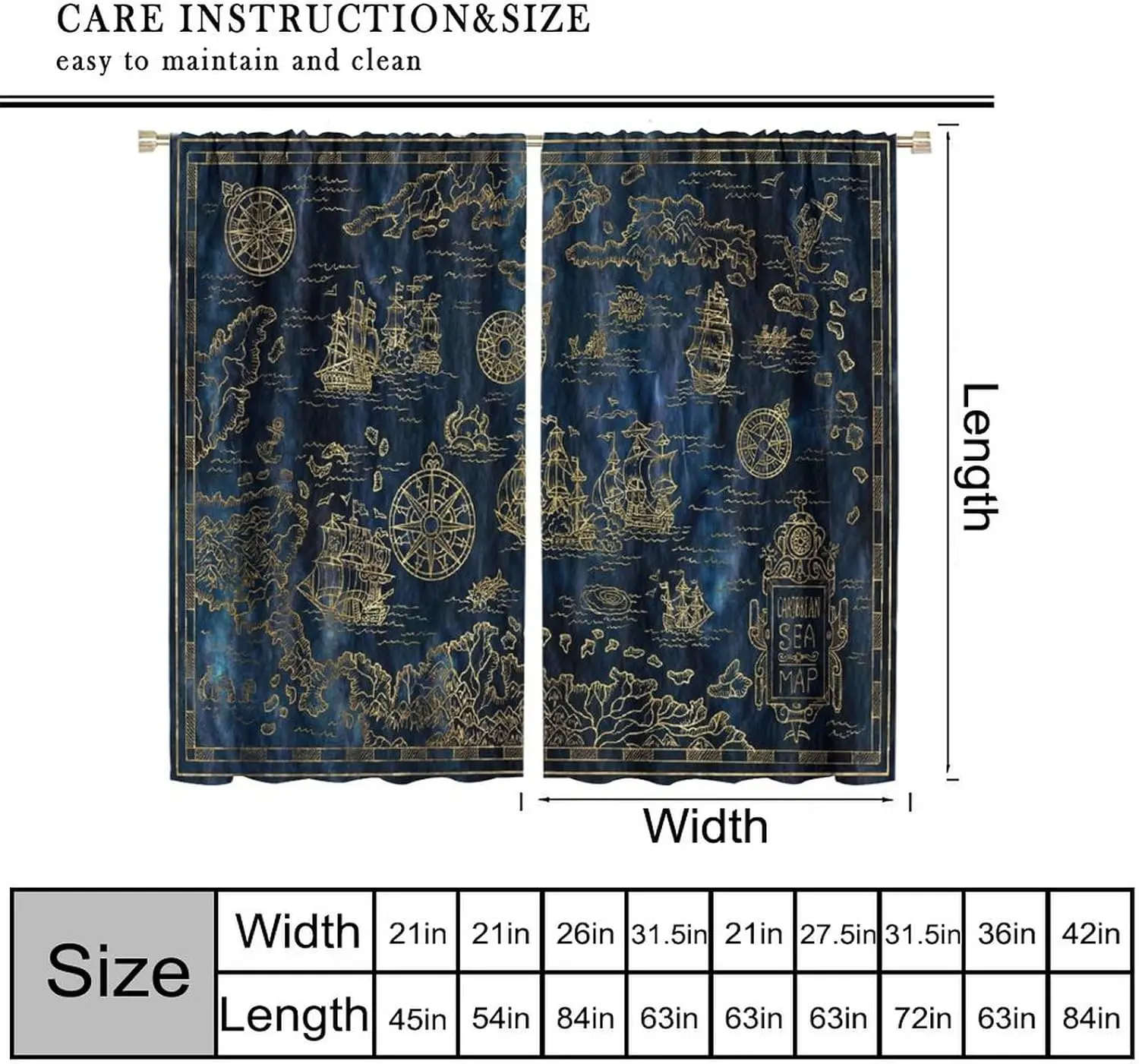 Nautical Sailboat Map Curtains Sketch Pirate Ship Wheel Compass Starfish Coral Reef Nautical Map Pattern Print Window Drapes For