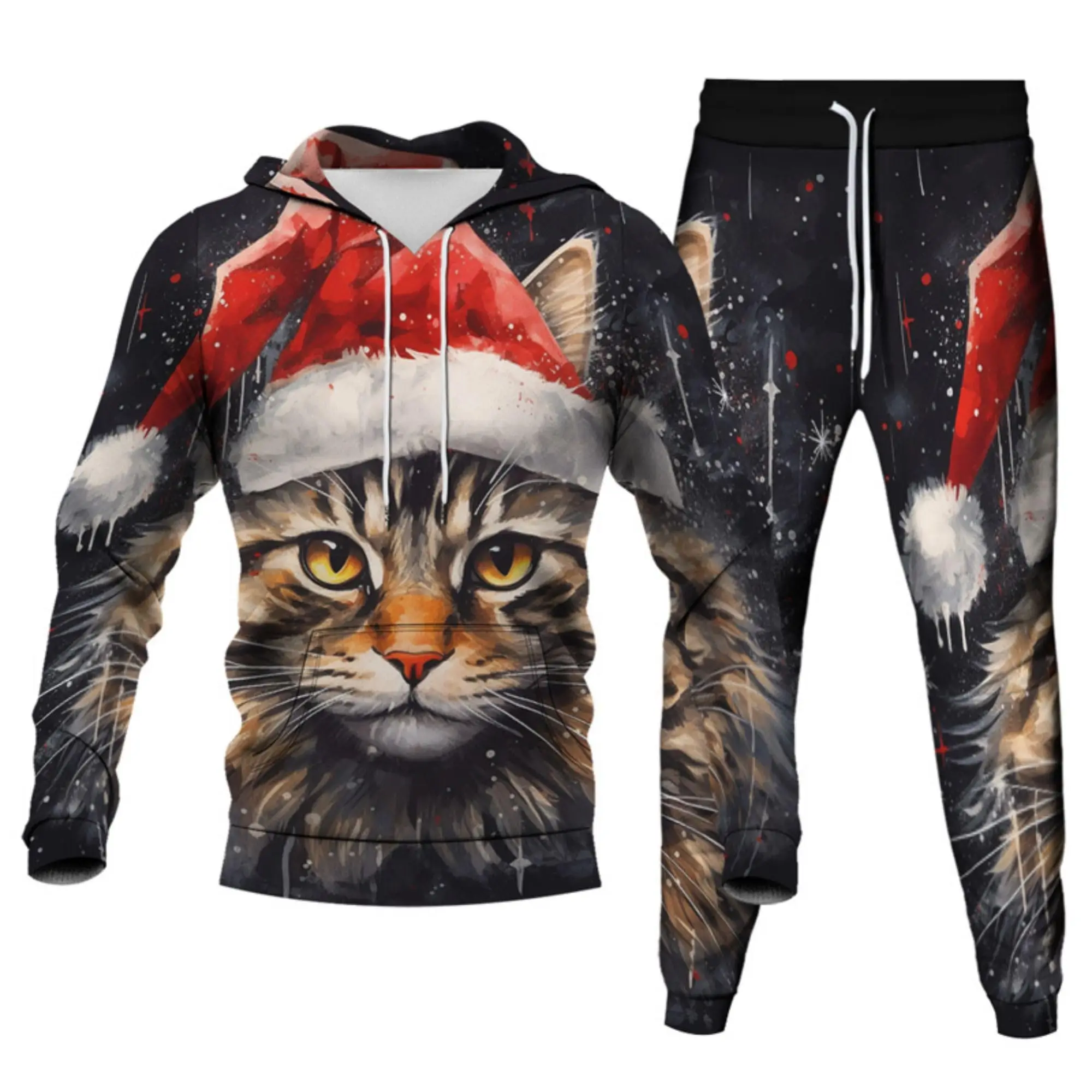 Adult 3D Christmas Pizza Cat Printed Hoodie Pants Two Pieces Tracksuit Men Women Novelty Xmas Sweatshirts Joggers Sweatpants Set