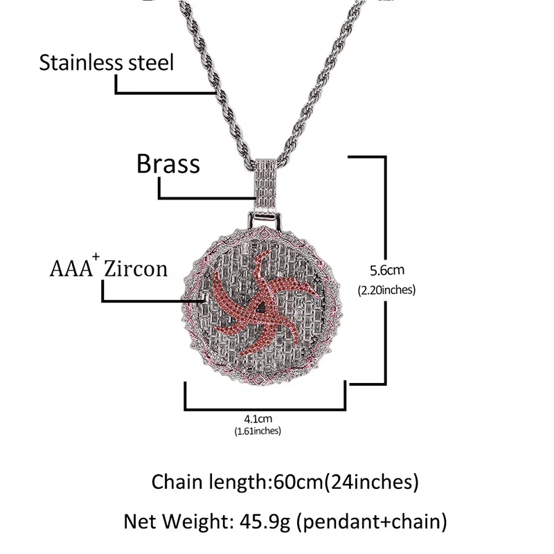 Hip Hop 3A+ CZ Stone Paved Bling Iced Out Rune and Heart Pattern Round Pendants Necklace for Men Rapper Jewelry Gold Color