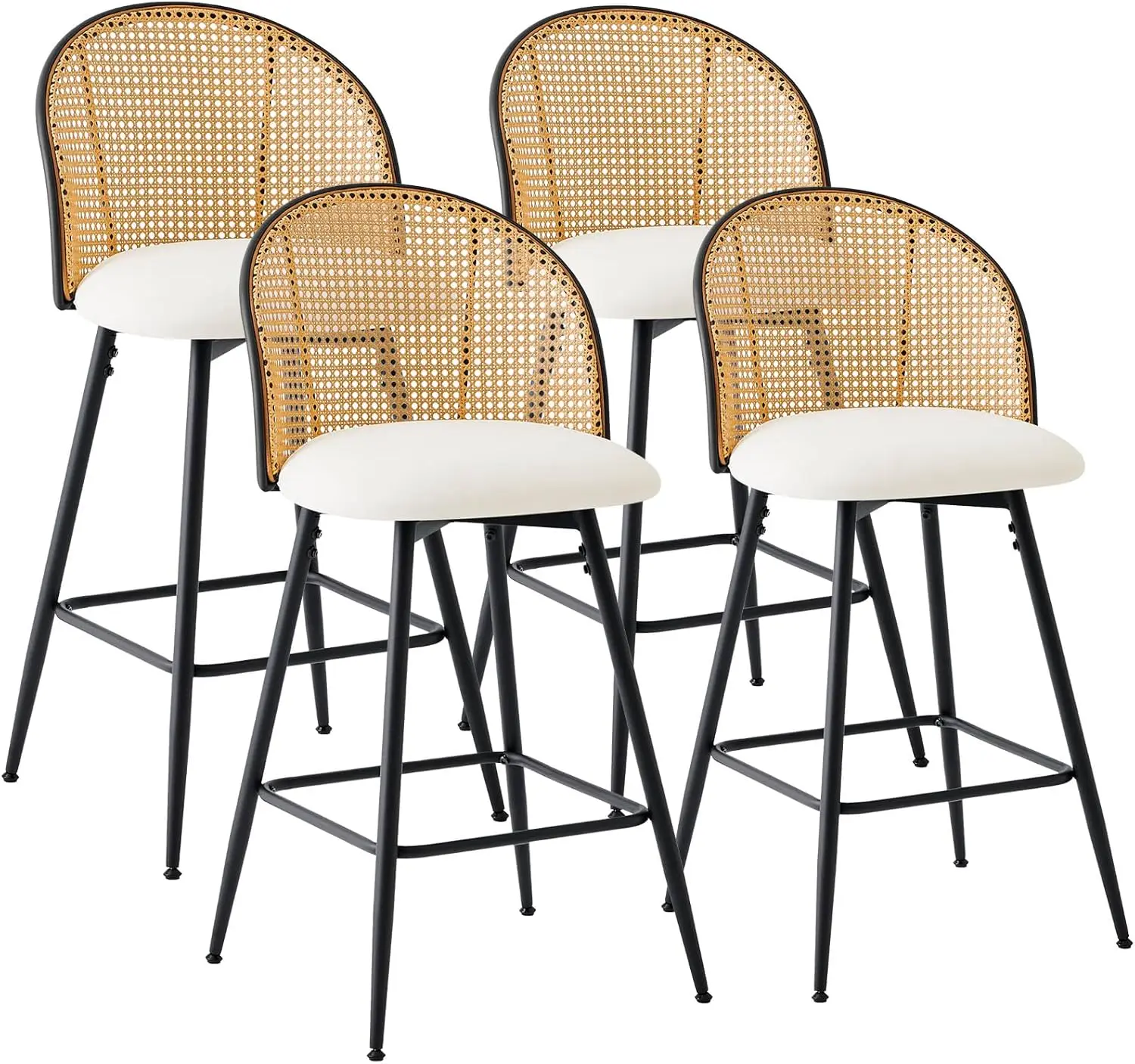 Bar Stools Set of 4, 360° Swivel Upholstered with Rattan Full Back & Metal Legs, PU Leather 26