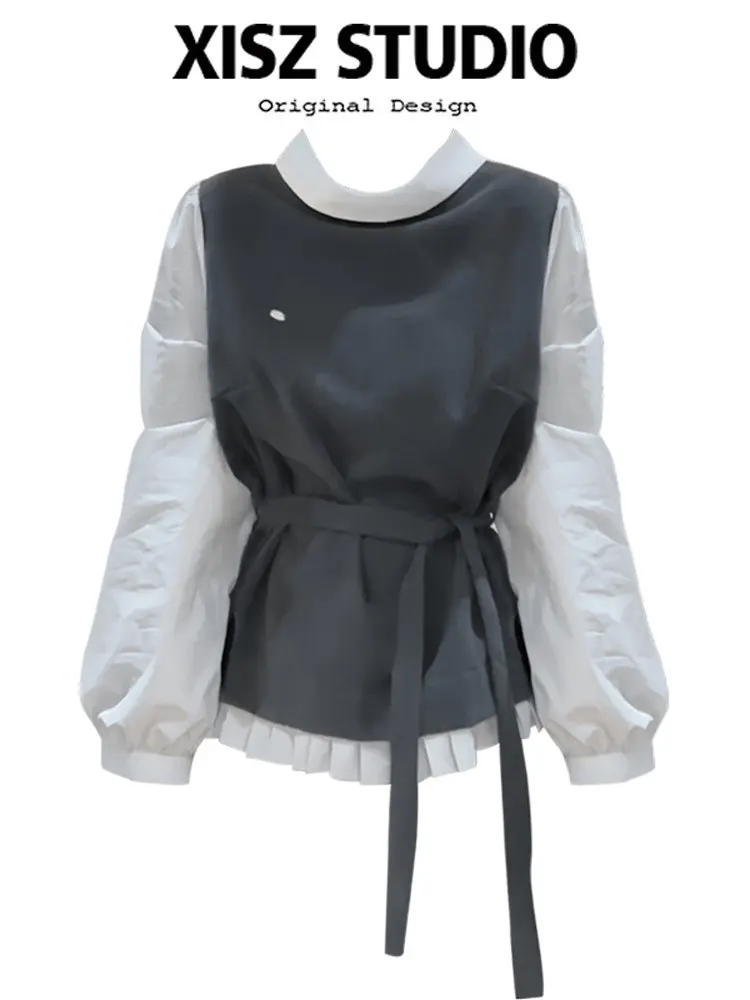 Women Grey Blouses and Shirts Elegant Vintage Japanese Preppy Style Y2k Gyaru Oversize Blouse Long Sleeve Shirt 2026