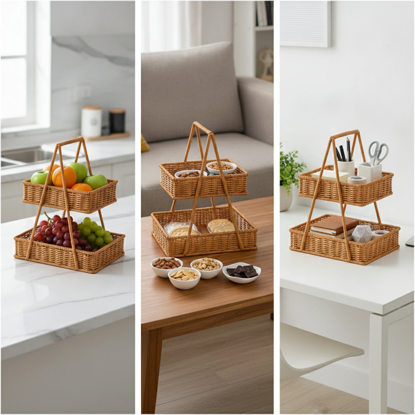 Two-Tier Wicker Serving Basket Compact Handwoven Wicker Two-Tier Basket Woven Tray Stand with Handle Rustic Natural