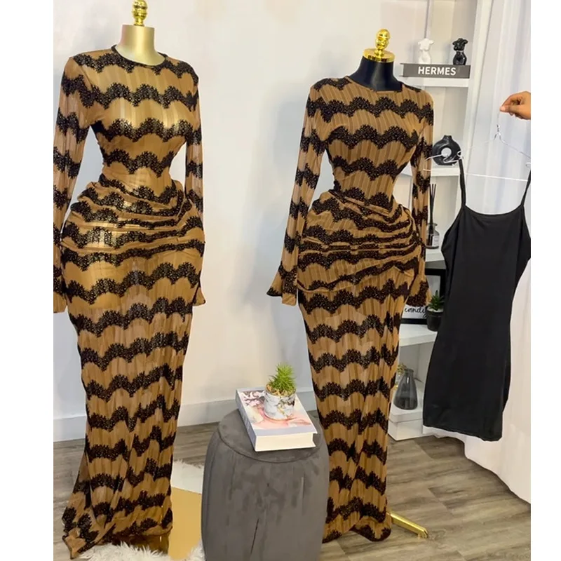 

Sweet and fresh striped round neck long-sleeved high-waisted dress fashionable, simple and versatile temperament elegant vacatio