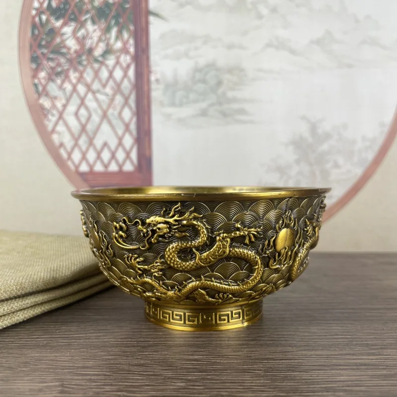 

Antique Style Double Dragon Bowl Ornament Antique Qianlong Year Alloy Bowl Retro Home Decor Ornament