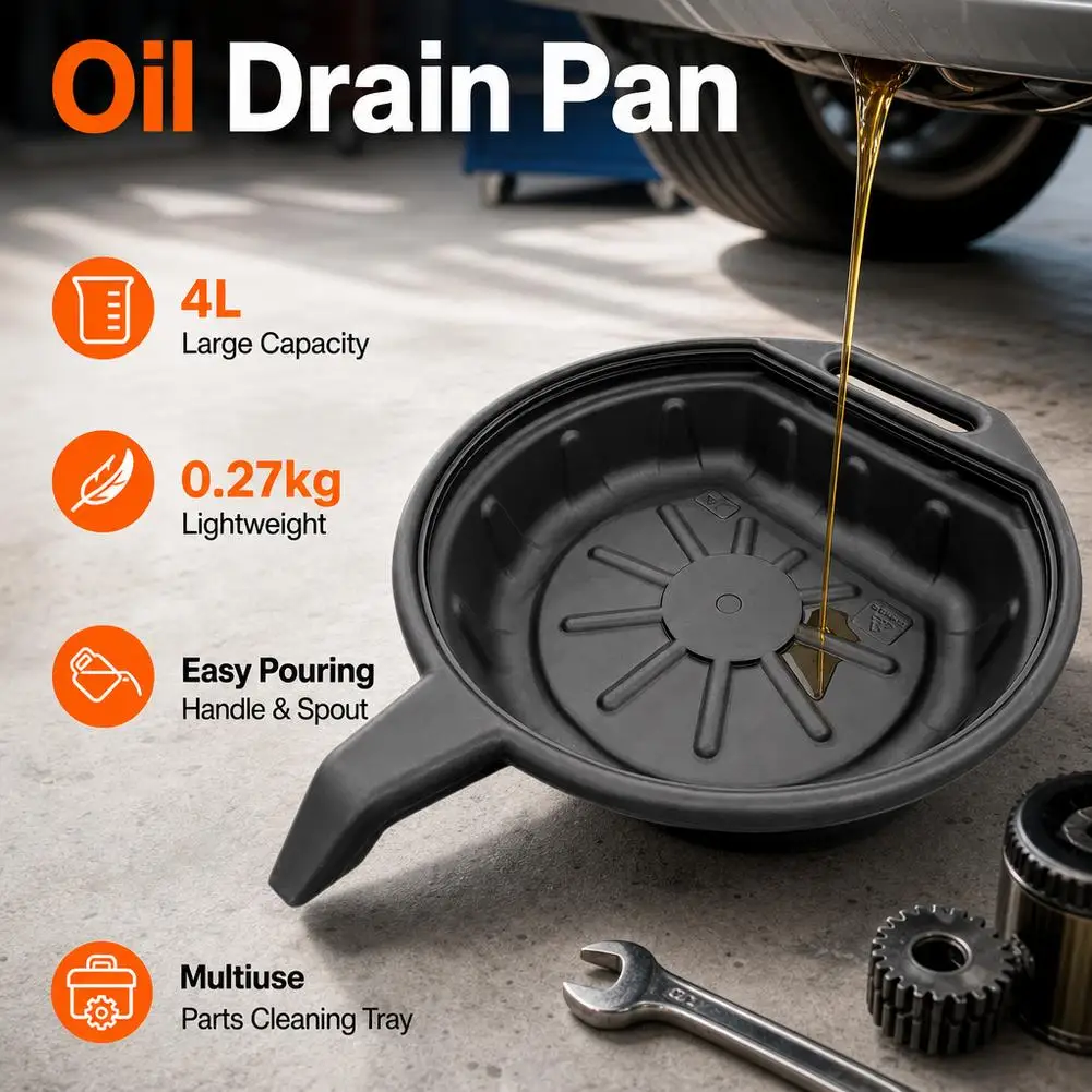 4L Oil Drain Pan Waste Fluid Basin Pouring Spout Handle Engine Catch Container Car Motorcycle Parts Cleaning Tray Garage Tool