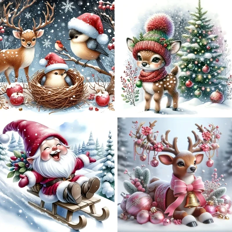 

4 шт. праздничный 5D набор алмазной живописи «сделай сам»-круглые хрустальные драгоценные камни, холст, материал-очаровательные рождественские сцены с Санта-Клаусом и оленями