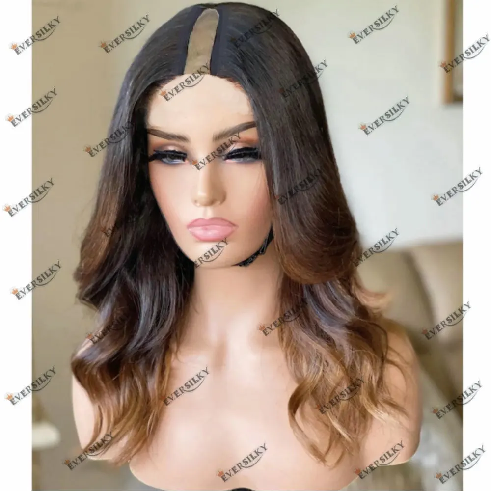 Ombre Honey Brown V Part Wig100%Human Hair Wigs Loose Wavy Glueless Adjustables1*4 Size U Shape Wig Brazilian Remy Hair Full End