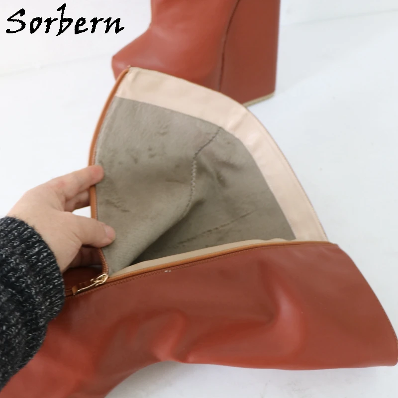 Sorbern 22Cm Brown Long Boots Women Wedge Heels Hidden Platform Winter Style Plush Lining Thigh High Boot Custom Leg Size Colors