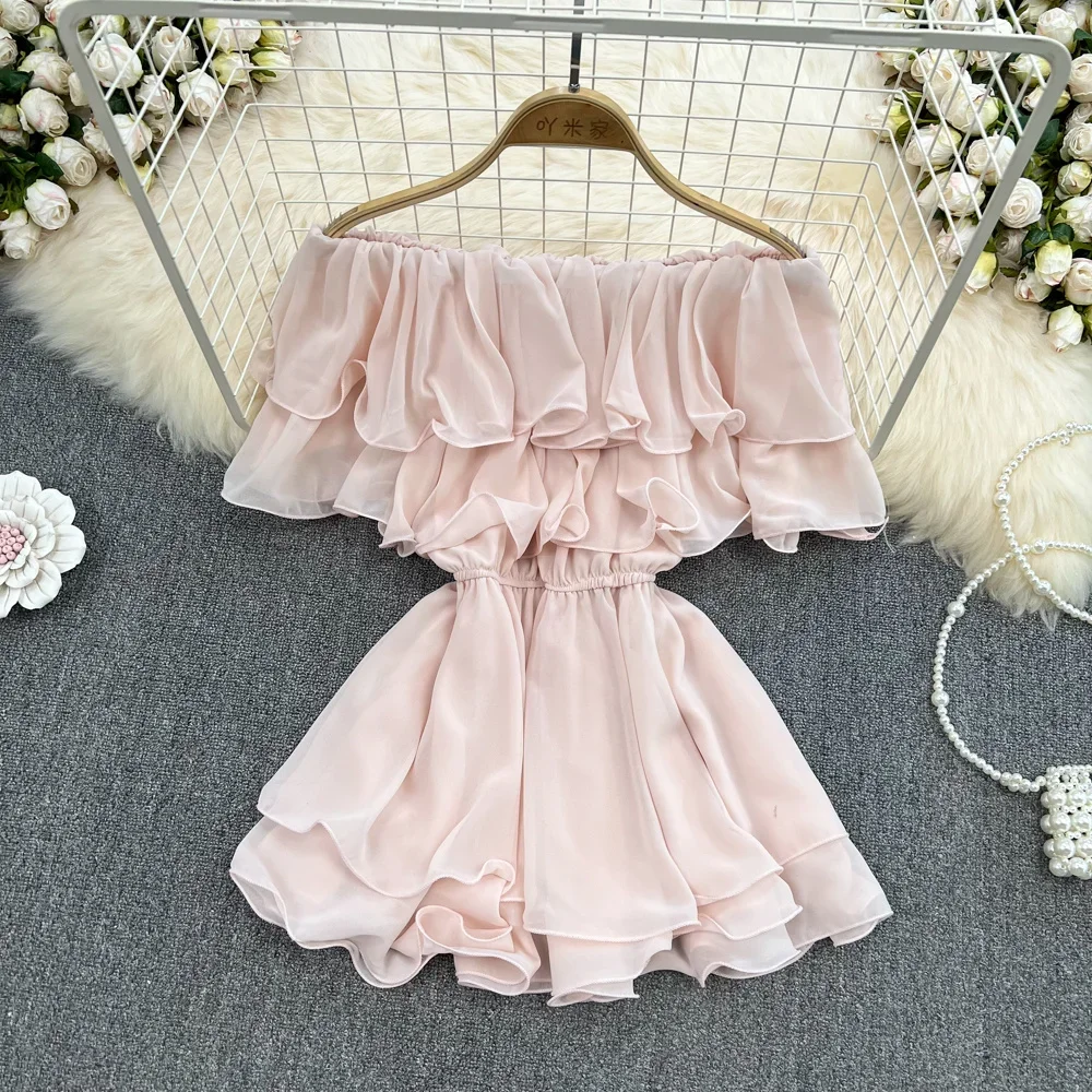 Jumpsuits Top Girls Slash Neck Off-shoulder Chiffon Shirt Women 2024 Summer New Sweet Spicy Super Fairy Ruffle Waist Short Top