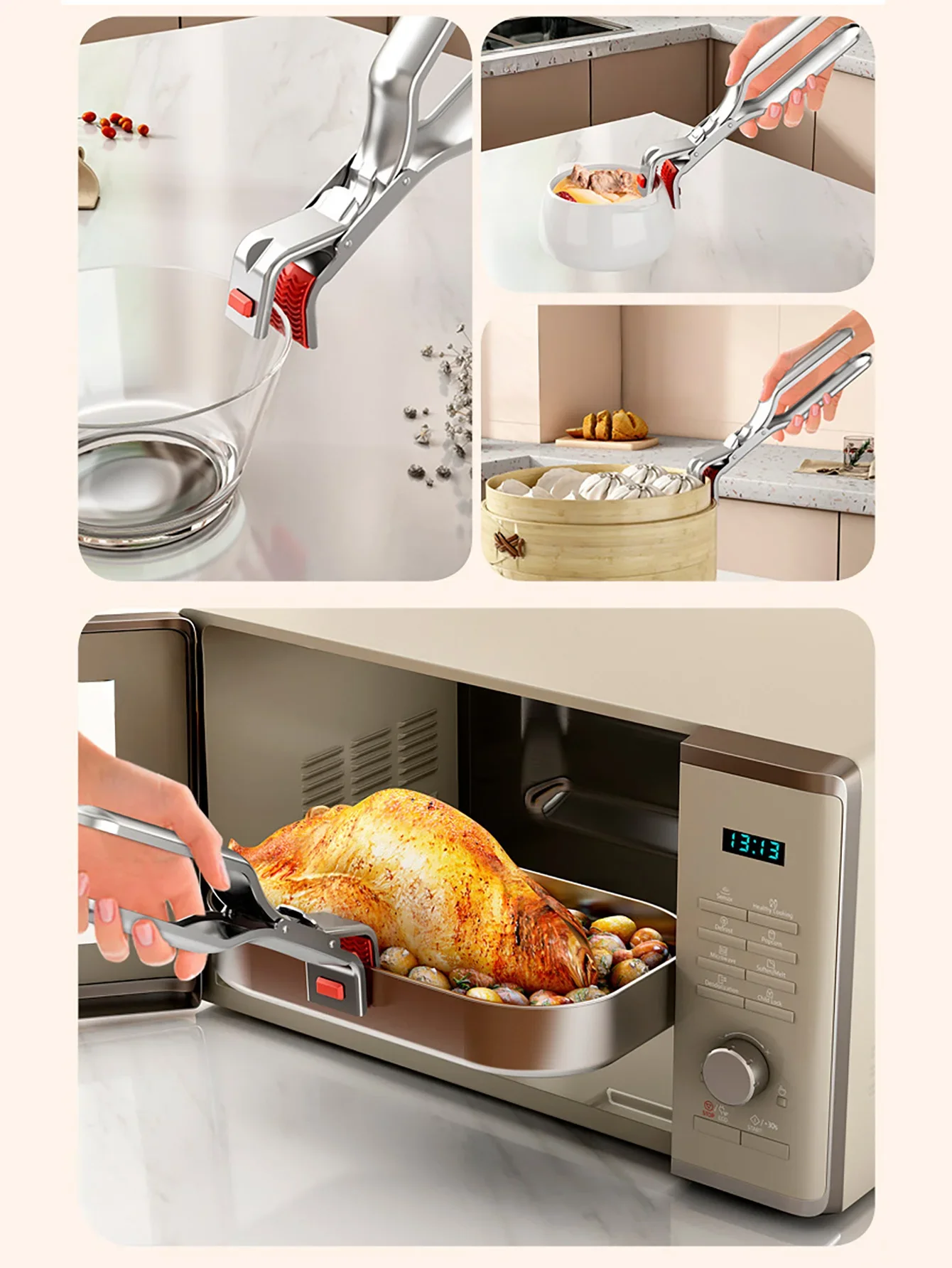 Hot Plate Gripper Tongs, Anti Scald Bowl Holder Clip for Microwave, Pizza Pan, Toaster, Air Fryer, Oven, Steamer, Multi Angle