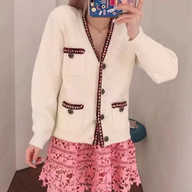 Elegant Lady Knitted Cardigan Sweaters for Women Casual Deep V Long Sleeve Sweater Spring 2023 Vintage Loose Cardigan for Women