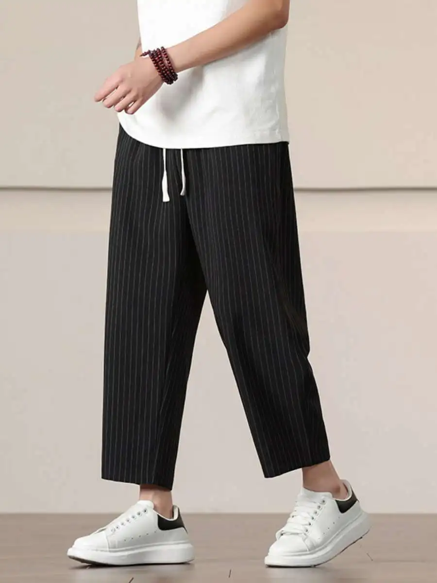 

New Men's Casual Stripe Pants Harlan Sle Loose Fit Spring Autumn Nine Points Small Foot Japanese Sle Thiened Winter