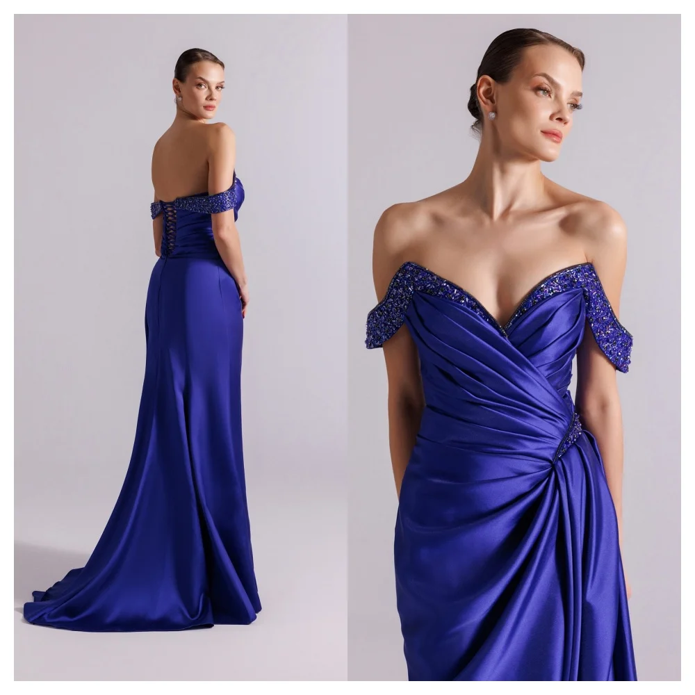 تخصيص الحديثة الأرجواني الساتان مساء اللباس أزياء قارب الرقبة قبالة الكتف حزب اللباس جودة عالية