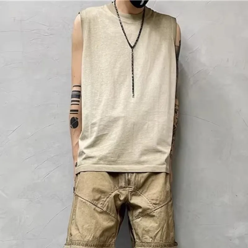 HKSH Men\'s Punk Garde-Avant Waste Land Vintage Loose Vest Shoulder Retro Trend Sleeveless T-shirt Casual Bottom Tank Tops HK1306