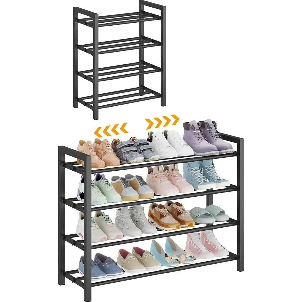 

4-Tier Expandable Shoe Rack - Adjustable Metal Shoe Organizer for Closet, Entryway & Mudroom - Stackable, Heavy-Duty Storage, Bl