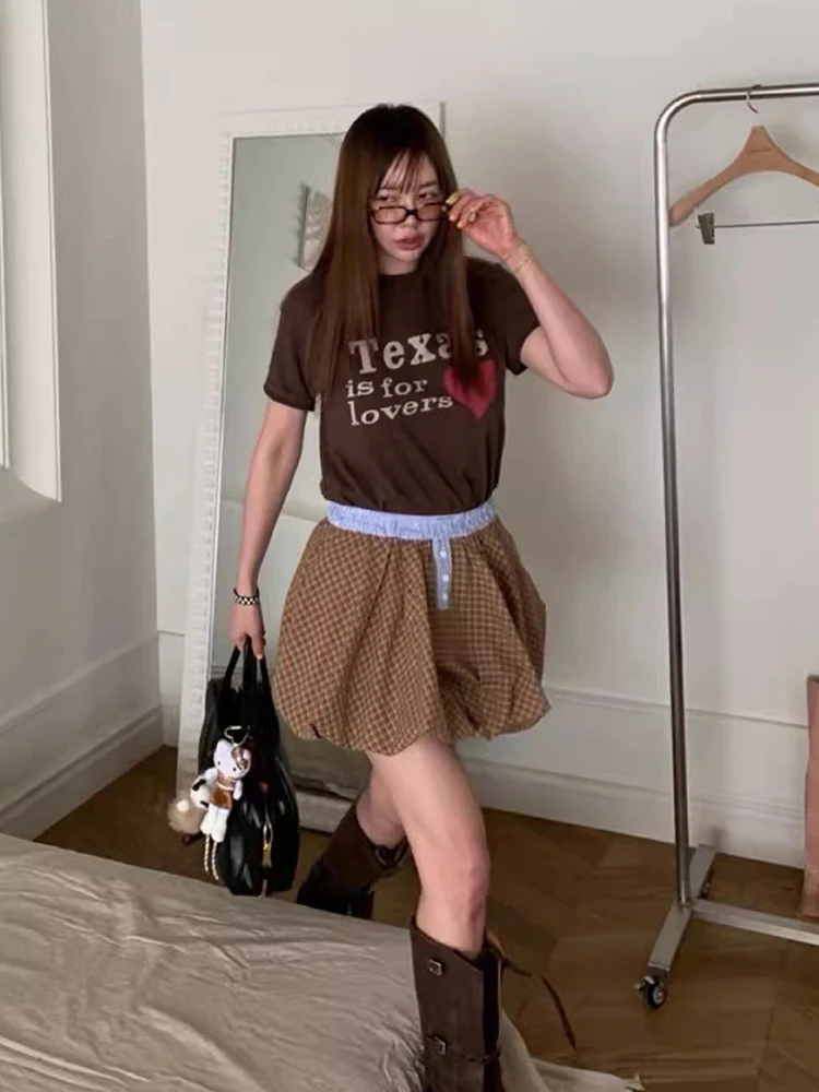 

Wedbleser Korean Chic Summer Retro Elastic Waist Contrasting Color Versatile Pleated Plaid A-line Flower Bud Skirt Shorts Women