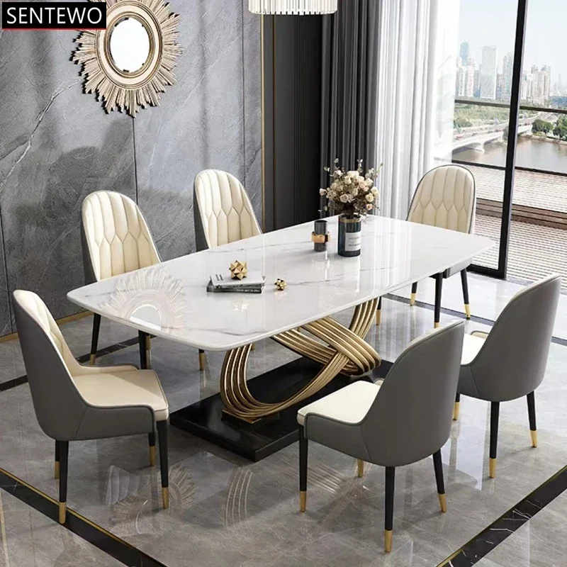 SENTEWO Free Shipping  Dining Table Luxury Stone Light Modern Gold Frame High-end Designer Dining Table And Chair Combination