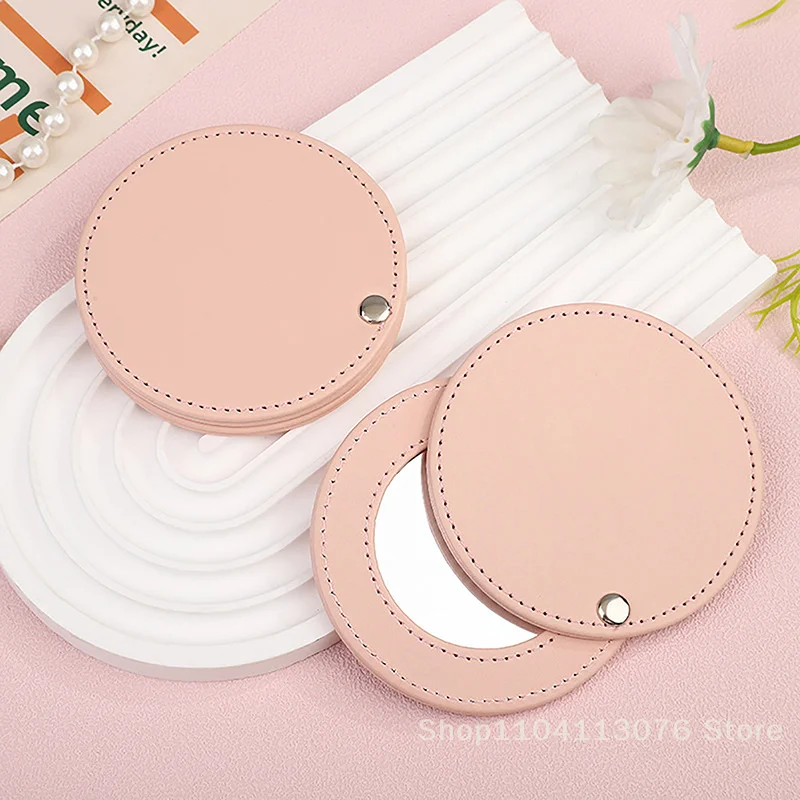 Miroirs circulaires compacts incassables, en acier inoxydable, avec manchon en cuir PU, mini miroir de maquillage portable