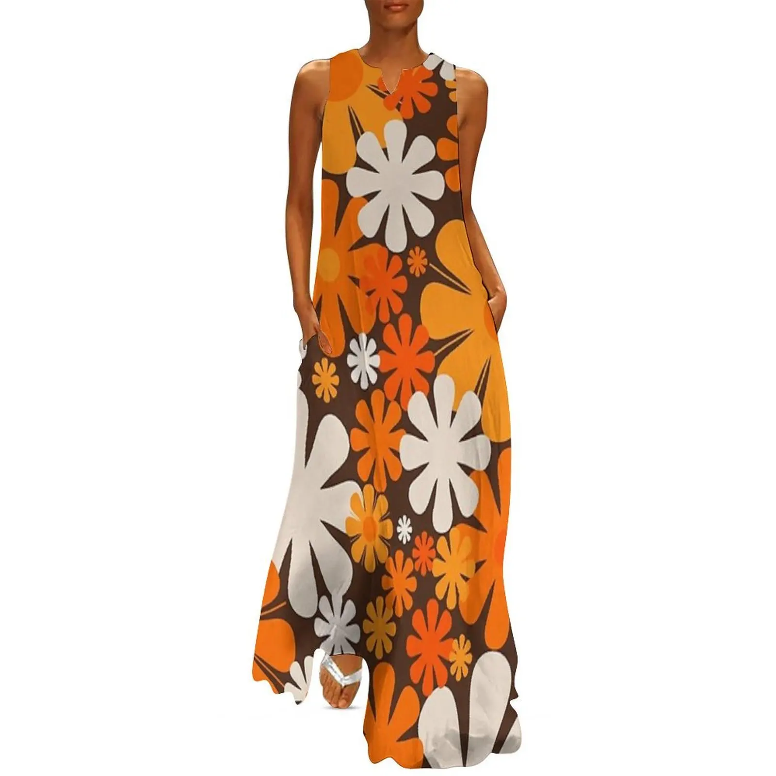 

Retro Flowers 60s 70s Aesthetic Floral Pattern in 1970s Brown Orange Beige Long Dress Bridesmaid dress woman