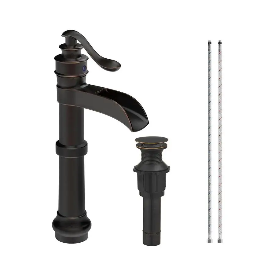 

Oil Rubbed Bronze Waterfall Vessel Sink Tall Black Single Handle Bath Basin Farmhouse with Pop Up Drain Assembly Lavatory One Ho