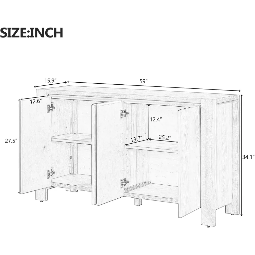 Dressoir Buffet Accentkast, 60-inch Credenzas-instaptafel, voor opslag in de woonkamer, thuiskeuken, verstelbare planken