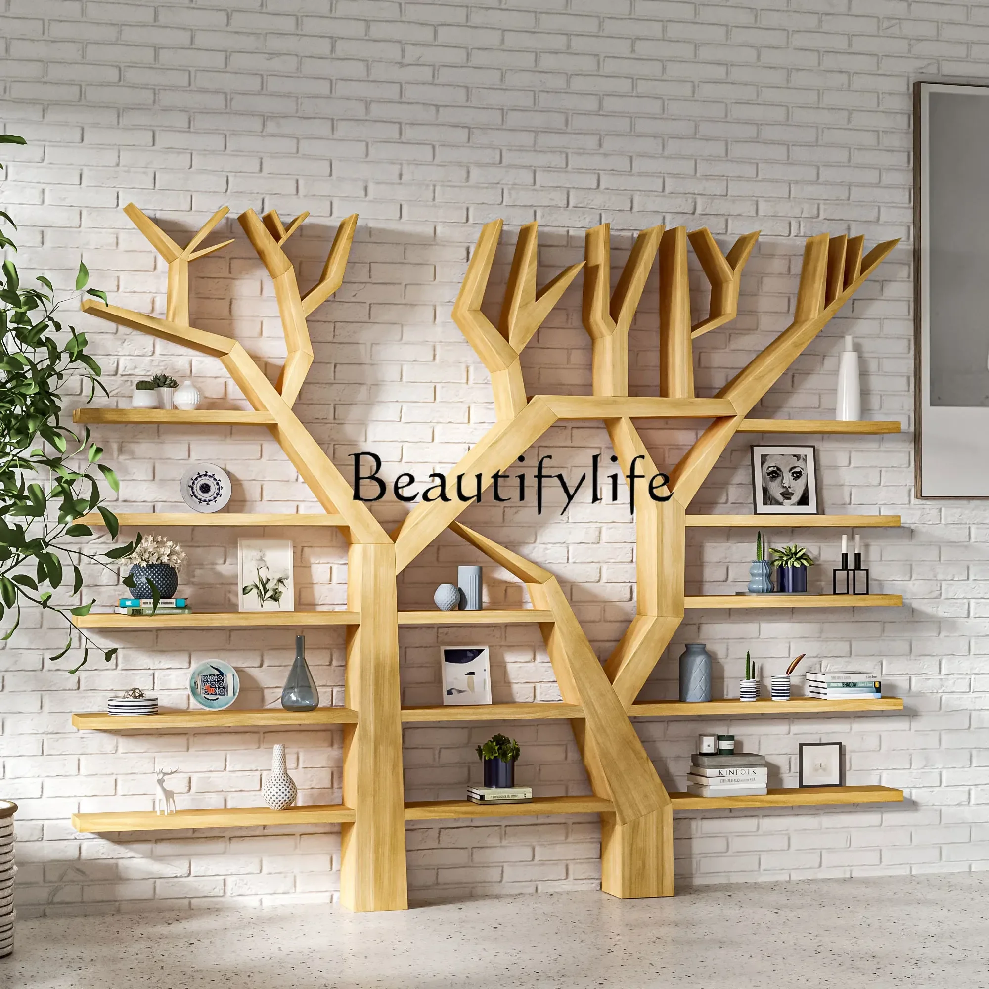 Simple Modern Tree-Shaped Bookshelf Solid Wood Full Wall Display Floor Creative Multi-Layer Shelf Bookcase