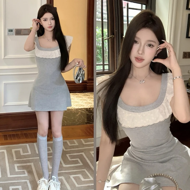 

Women Elegant Summer Korean Sweet Chic Lace Patchwork Casual Mini Dress