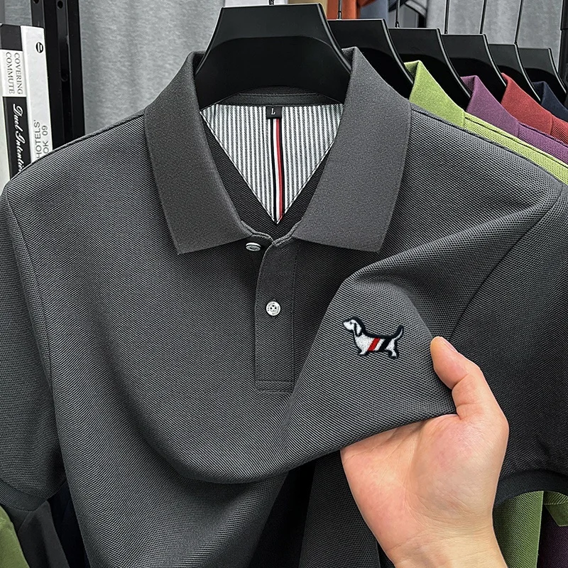 100%Cotton High-End Men Short-Sleeved Polo Shirt Lapel Button Slit Hem Embroidery T-Shirt Korean-Style Hot-Selling Men'sClothing