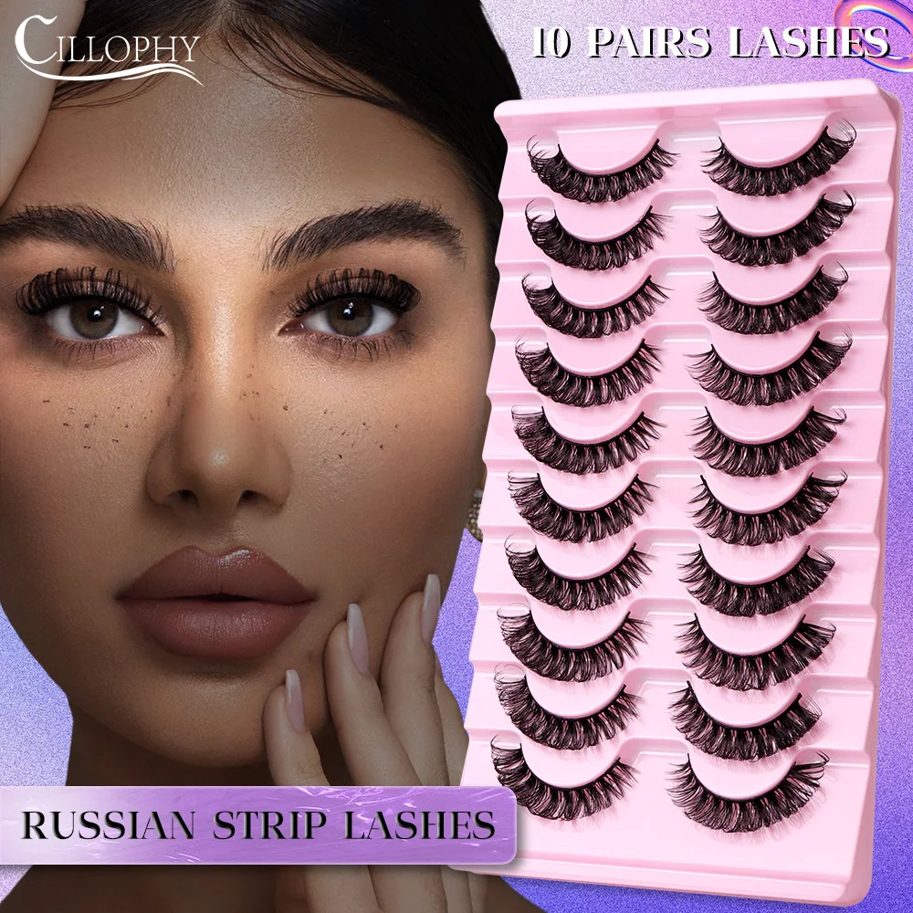 Cillophy False Eyelashes Russian Strip Lashes D Curly Wispy Natural Faux Mink Lashes 3D Effect  Fake Eyelashes 14 Pairs Pack