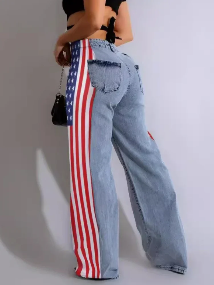 Laxsesu American Flag Print Women Baggy Jeans Streetwear y2k Long Straight Trousers High Waisted Elastic Wide Leg Denim Pants