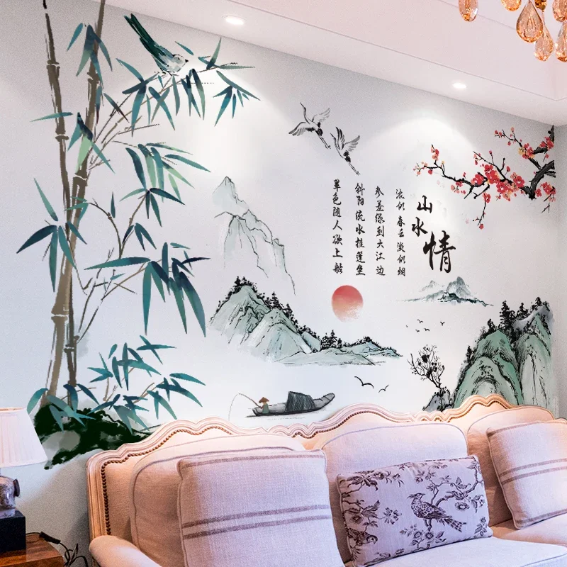 Chinese Style Landscape Wall Stickers Living Room Backdrop Wall Decoration Aesthetic DIY Large Scenery Wallpaper Retro Mural