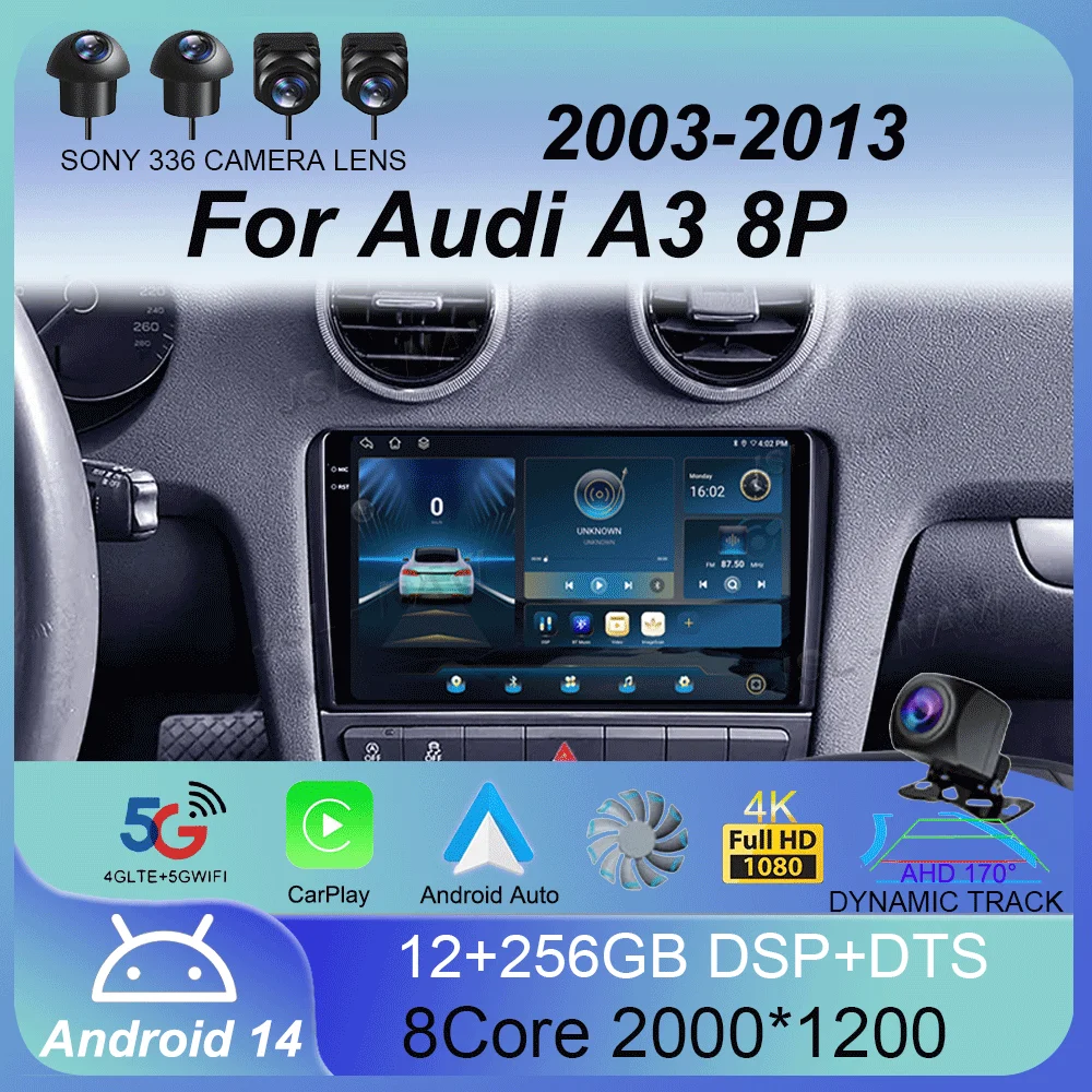 

Android 14 Carplay Auto для Audi A3 8P 2003-2013 Автомобильный радиоприемник 2din Мультимедийный плеер GPS-навигация Аудио Стерео DSP 360 Камера 4G