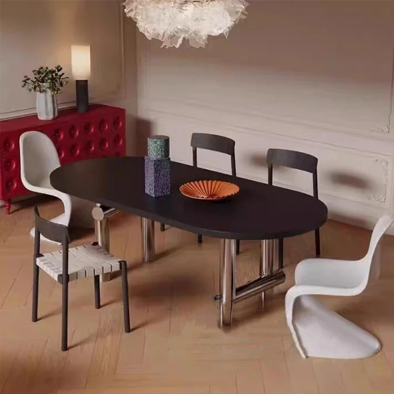 

Industrial Modern Simple Frosted Oval Wooden Minimalist Table Stainless Steel Frame Smooth And Round Table Corners Dining Table