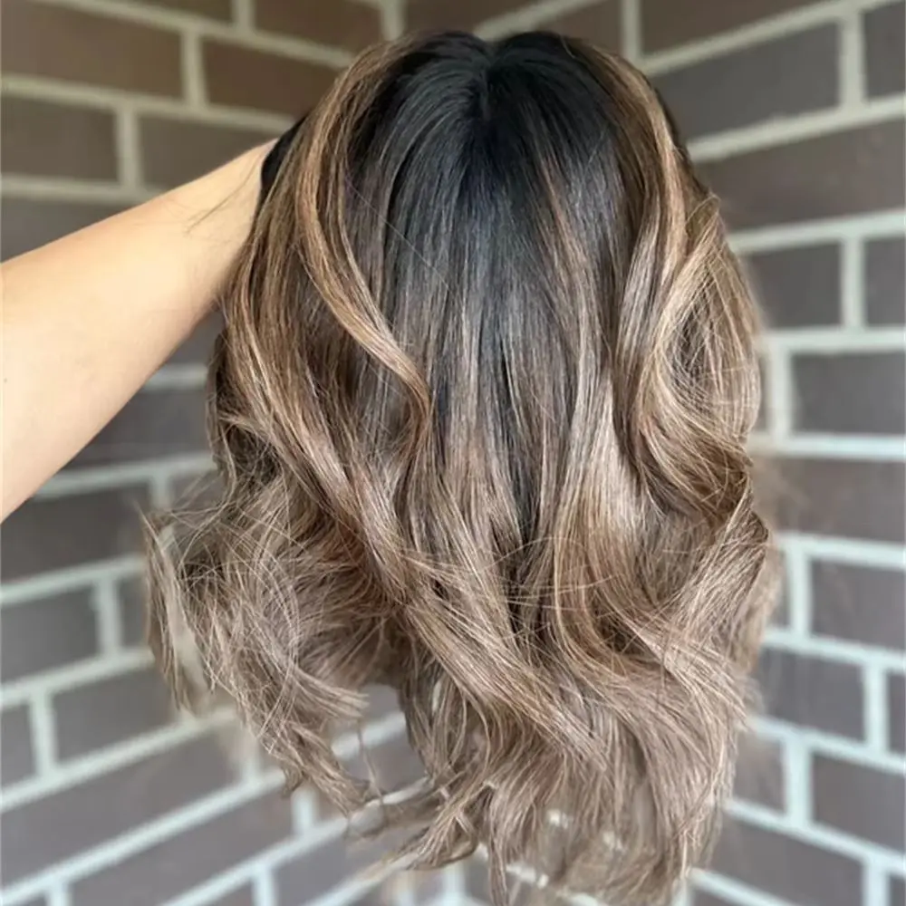 

Soft Short Wavy Ombre Brunette Wig with Dark Roots Brown Highlighted Middle Part HD Lace Front Wig 13x4 Luxury Natural Hair Wig