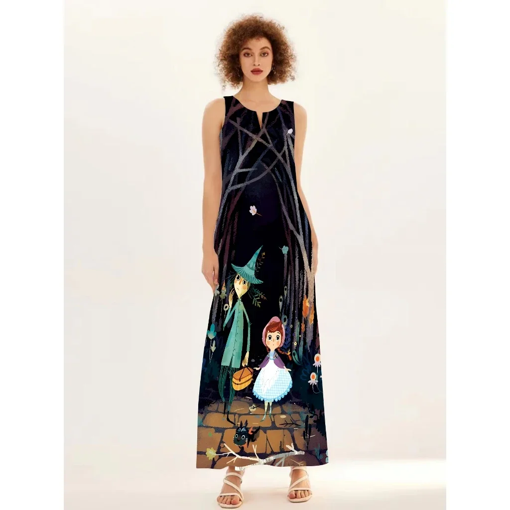 2024 Casual Dress Women Art Cartoon Print Dress Pocket Sleeveless V Neck Sleeveless Dress