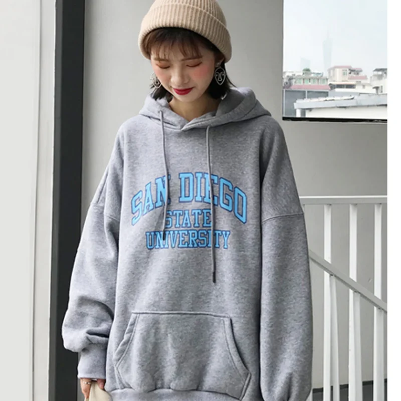 

Korean Solid Color New Crew Baggy Sweatshirt Women Fleece Thicken Fashion Printing Street Lazy Wind Long Sleeves Pullover Top