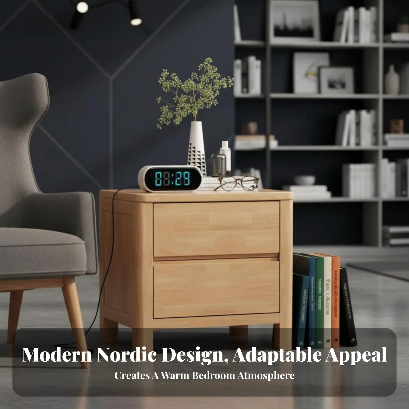 

2-Drawer Nightstand with Lock Nordic Aesthetic Bedside Table Minimalist Aesthetic Space-Saving Size for Homeowners, Adults