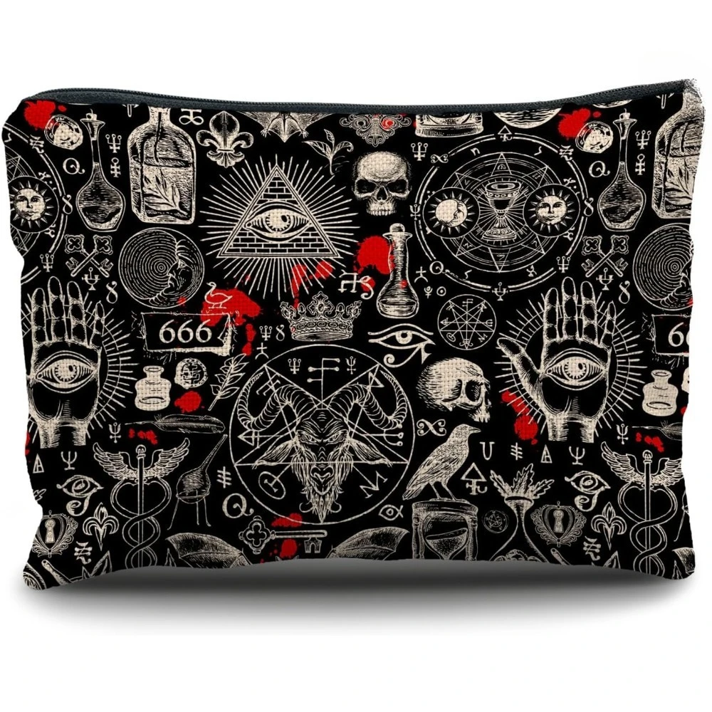 قطعة واحدة من حقيبة المكياج القوطية مع الرموز القوطية (الخماسي، الجماجم، الخفافيش، الغامضة) - حقيبة مستحضرات التجميل القوطية باللونين الأسود والأحمر