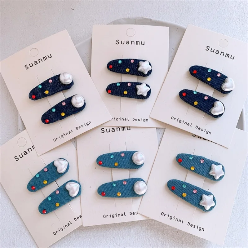 

Милые синие джинсовые заколки-капли со стразами для маленьких девочек, с звездами и сердечками, для челки, без заломов, на каждый день