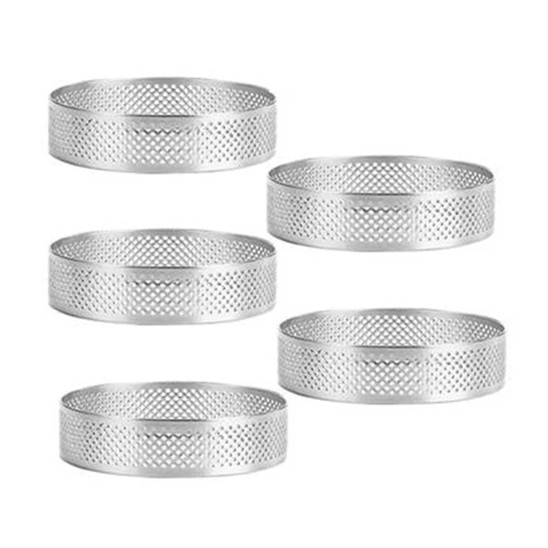 Circular Aço Inoxidável Tart Ring, Sobremesa Perfuração, Torta De Frutas, Bolo Quiche, Mousse Mold, Cozinha Baking Mould, 5Pcs