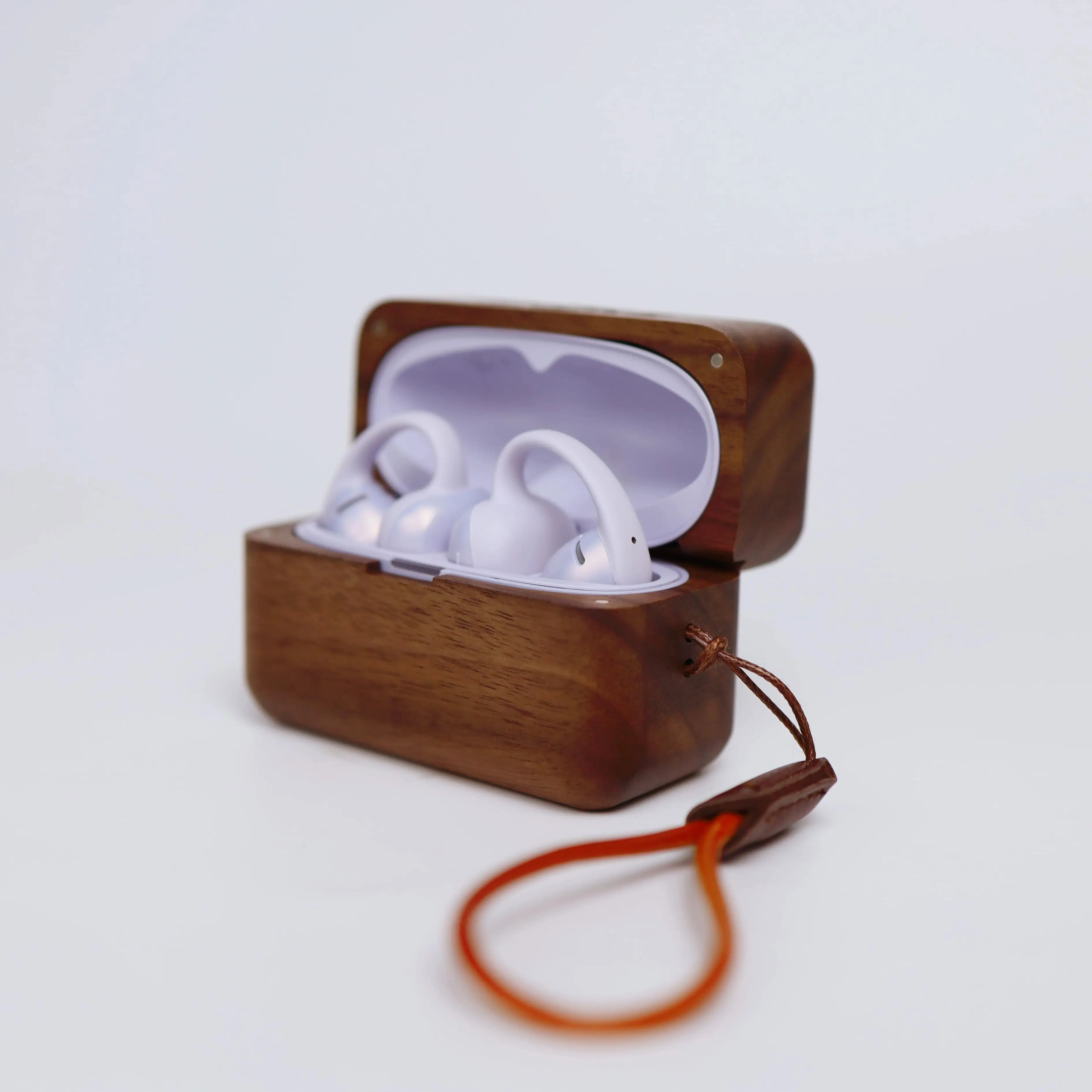 For Shokz OpenDots Air Walnut Wood Earbuds Case Split Solid Wood Protective Cover with Cowhide Lanyard