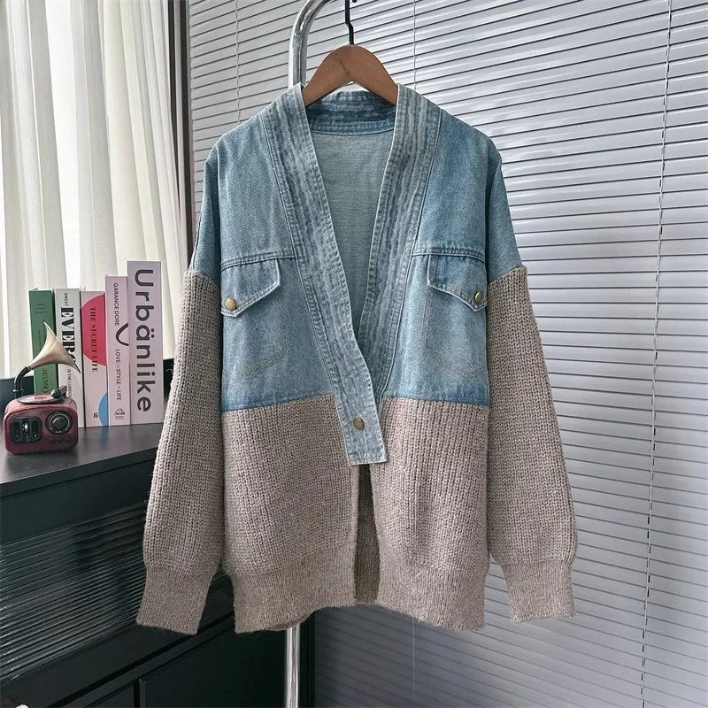 Cardigan en tricot patchwork en denim de style coréen pour femme, veste pull surdimensionnée et chic, inspirée du designer, tendance, automne et hiver