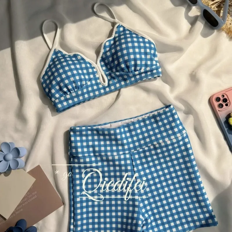 Korean Fashion Vintage Blue Plaid Women Swimsuit High Waisted Bikini Set with Long-sleeved Cover-ups Beach Bathing Suit Swimwear