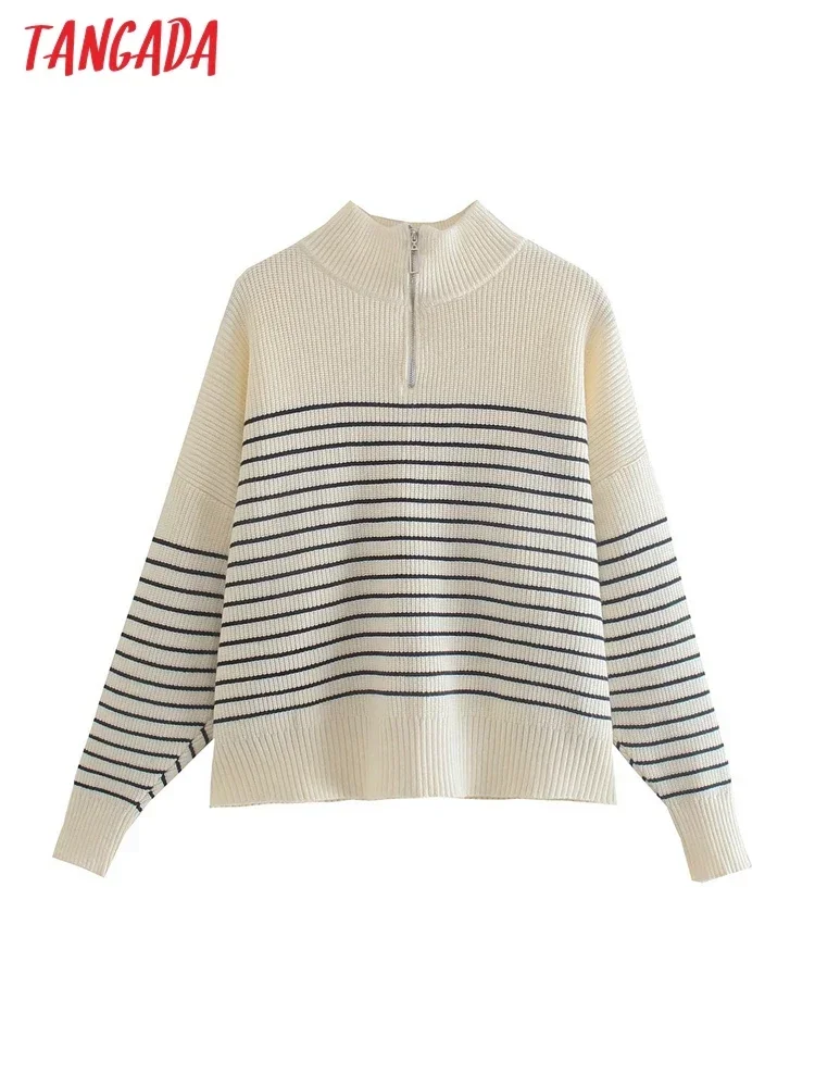 Tangada 2023 Autumn Winter Women Striped Loose Knitted Sweater Jumper Zipper Female Pullovers AB58