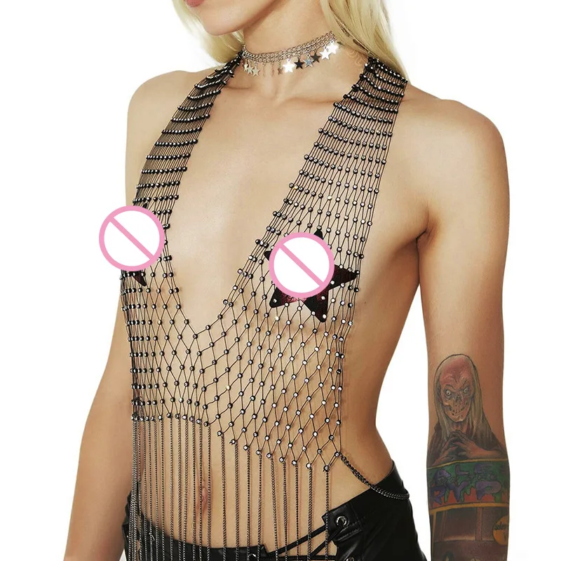 

Mesh Flash DiamonD Hollowed Out Fishing Net Vest Sexy Tassel Chain Strap Female