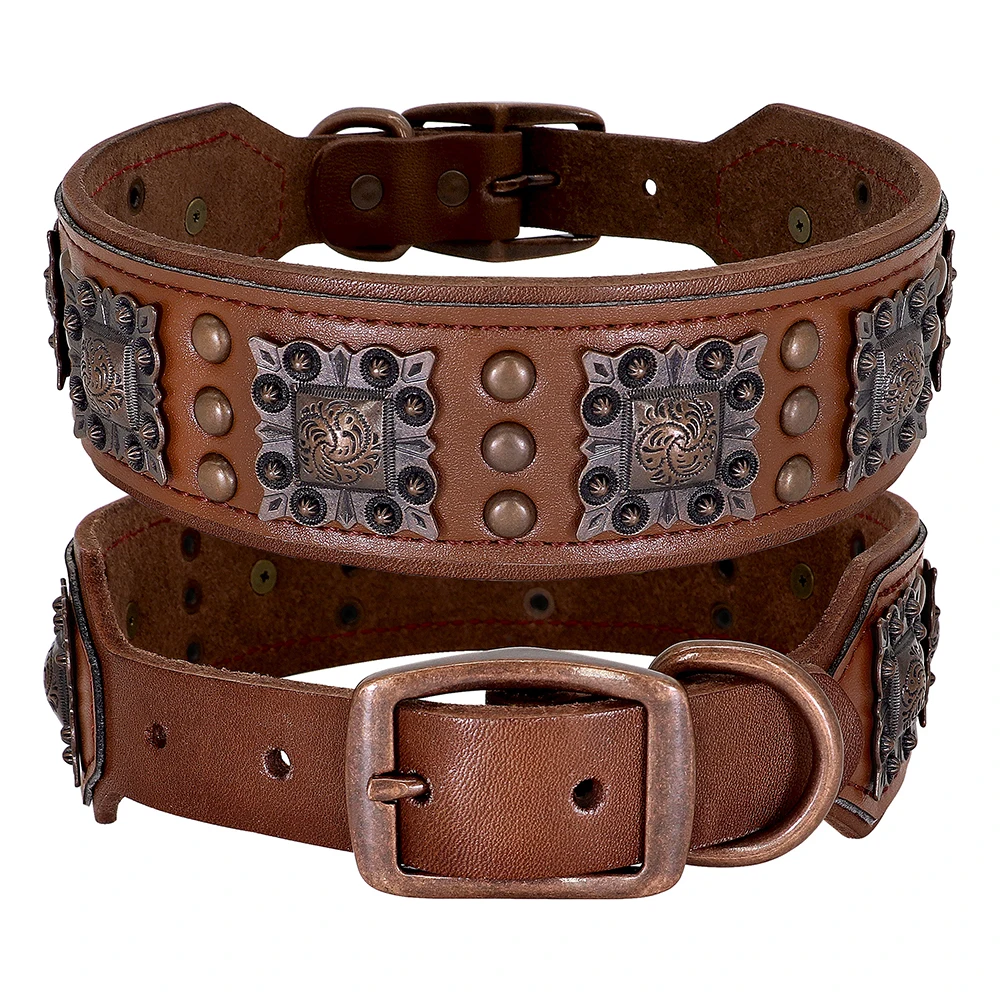 Cool Spikes Dog Collar Durable Real Leather Dogs Collars Metal Rivet Pet Accessories Adjustable for Medium Large Dogs Pitbull